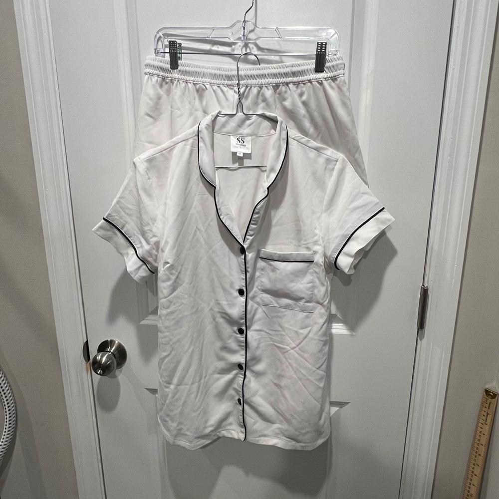 SS Weddings Womens Pajama Set Contrast Piping White Small Flawed